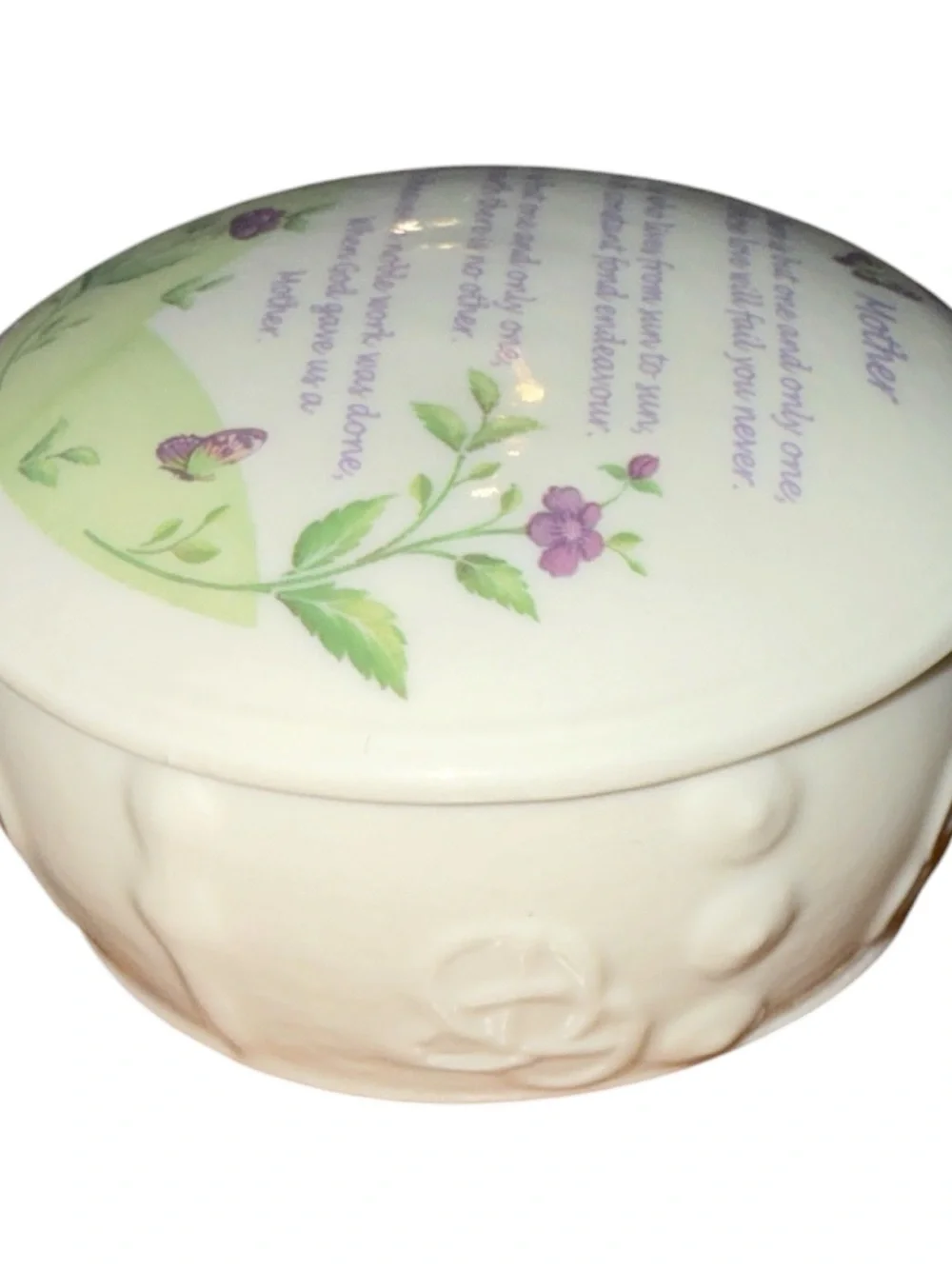 Belleek Ireland Mother Poem Trinket Box Floral Butterfly Shamrock Porcelain